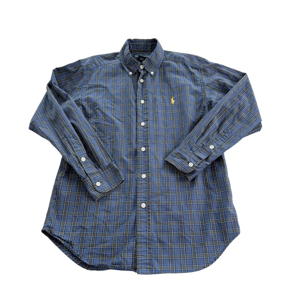 Ralph Lauren Button Down Shirt Kids M 10-12 Blue Plaid Long Sleeve Pony Logo